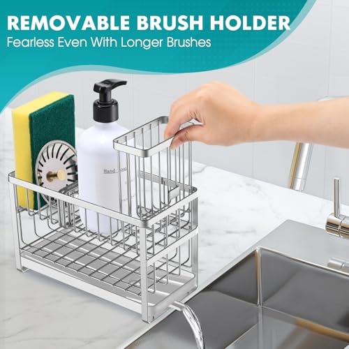 Sinnsally Kitchen Sponge Holder,2 Tier Sink Caddy Organizer with High Brush Holder,Stainless Steel Sink Box Dish Scrubber Holder,Soap Tray for Kitchen Counter Accessories & Storage Rack (Silver) - Image 3