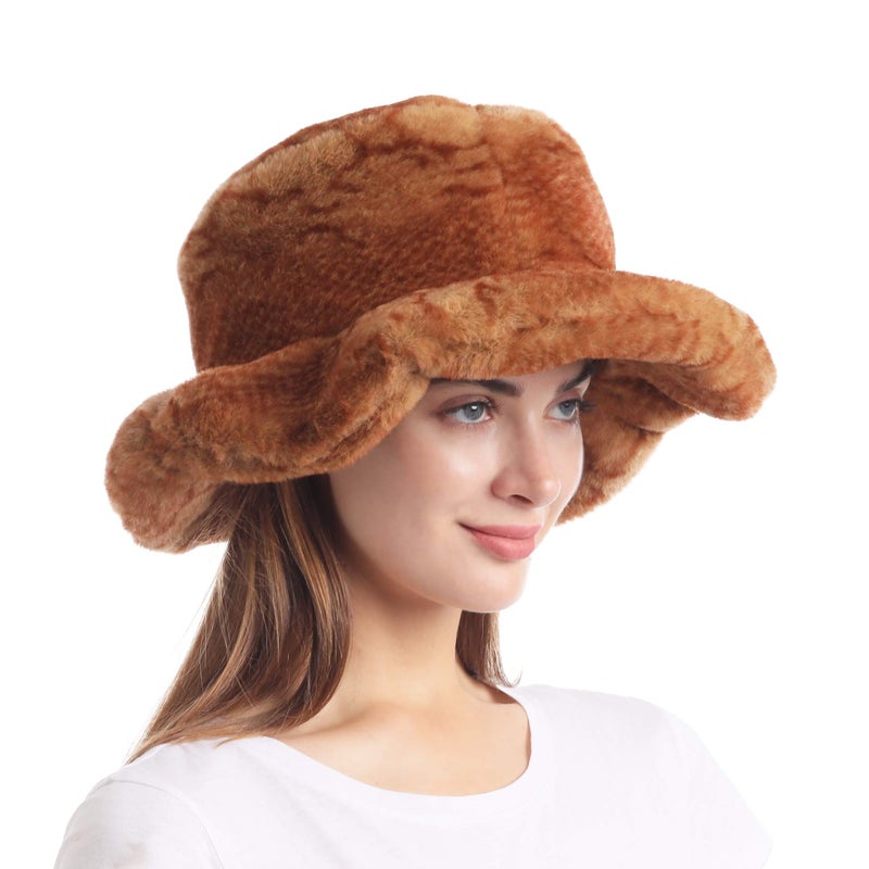 LA CARRIE Women's Snakeskin Print Faux Fur Bucket Hat Winter Warmer Fisherman Cap, Camel, 0 - Image 1