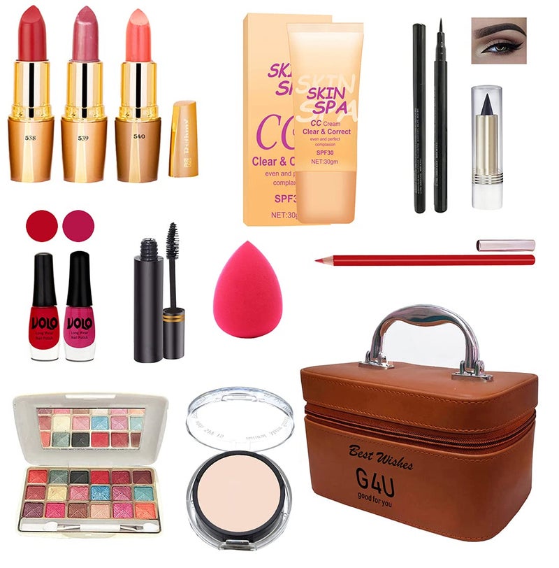 G4U G4U All in One Makeup Kit Gift SetEyeshadowEyeliner PenFoundation3 LipsticksKajalLip LinerPuffMascara2nail PolishCompactPerfect for Party Wedding makeup With Makeup BoxSet Of 14Pcs ST 32 - Image 1