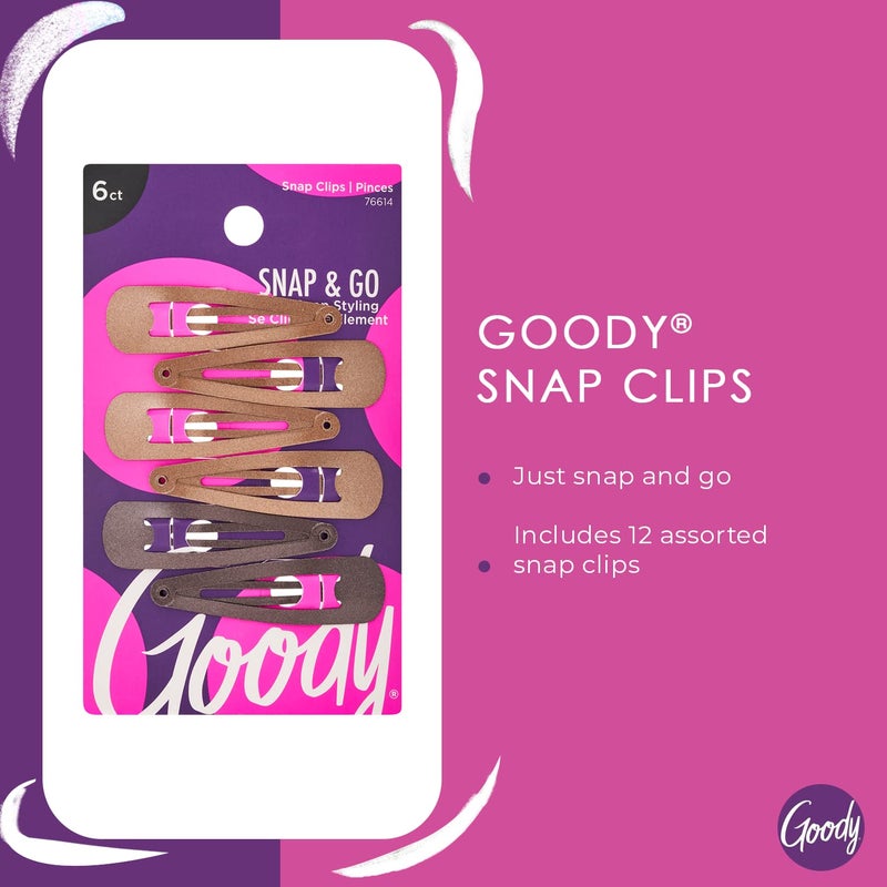 Goody Snap & Go Metal Contour Clips, 6 Count, Brunette, Snap Clips, Suitable for All Hair Types, Pain-Free Hair Accessories for Women, Men, and Kids, All Day Comfort - Image 2