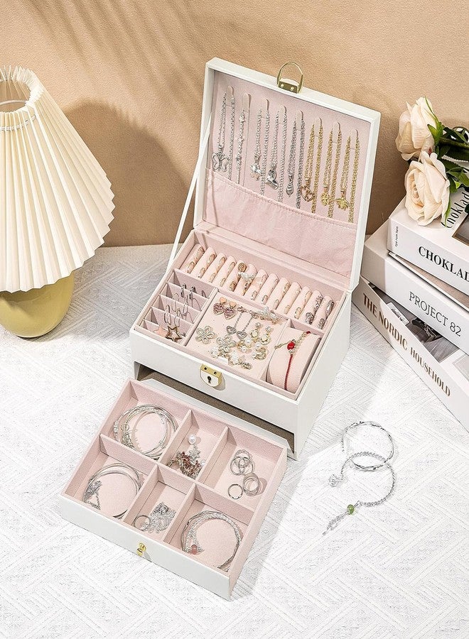 Vensikal Jewelry Box for Women Girls, 2 Layer Large PU Leather Organizer Storage Case Display Rings Necklace Holder for Earrings Bracelets (1 Pc, White Color) - Image 4