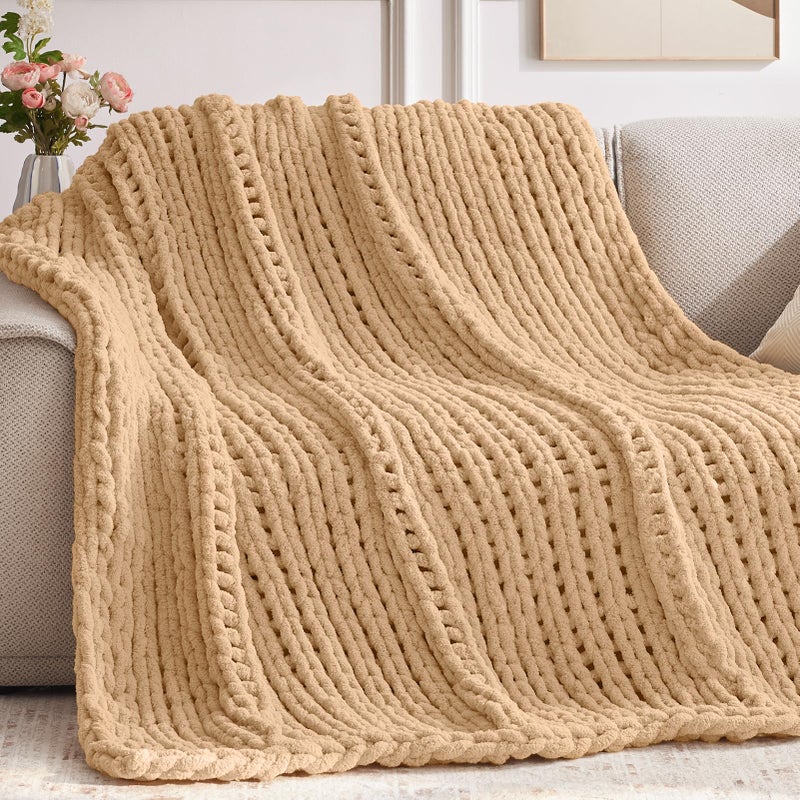 Negwoo Chunky Knit Throw Blanket 5060 Beige Crochet Blanket Machine Washable Cute Comfy Home Decor