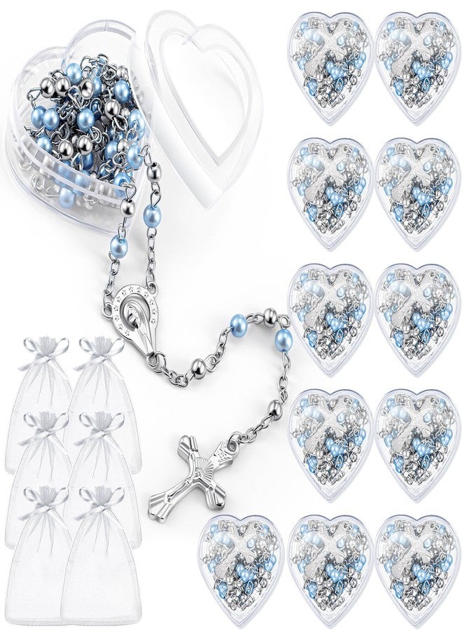 ROCEEI Catholic Rosary Necklace 4 mm Glass Beads Rosary Favors Crucifix Prayer with Faux Pearl with Heart Shaped Box and Organza Bag for First Communion Baptism, 43 cm, Zinc, Cats Eye - Image 1