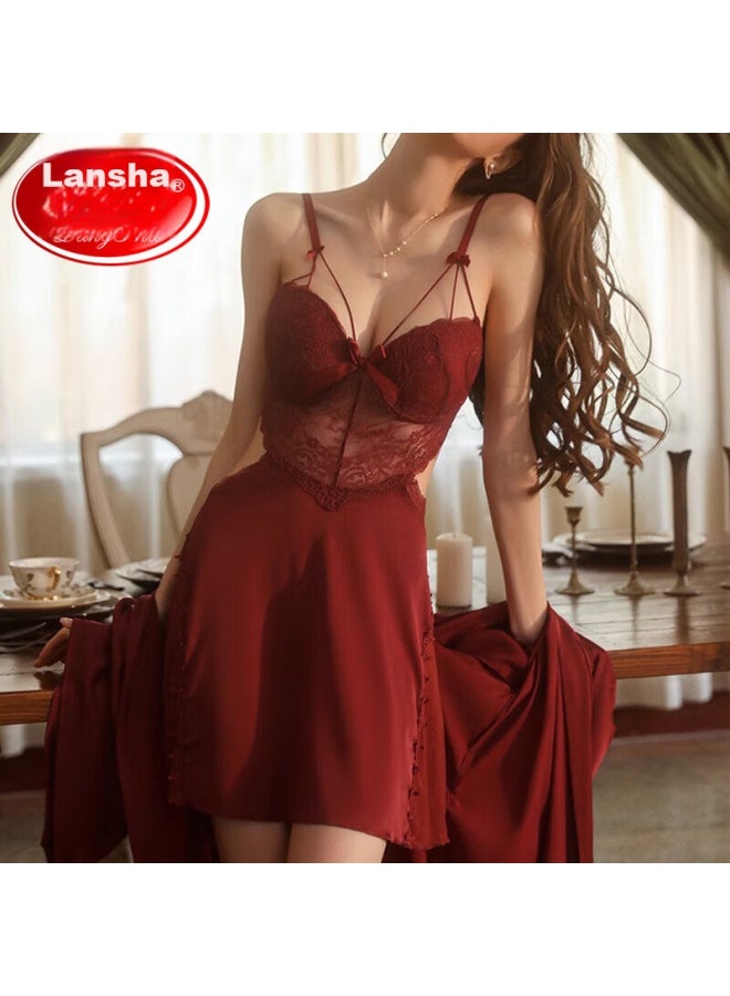 LANG SHA Langsha Sleepwear Nightgown For Women Lace With Built-in Bra Pads, Autumn Season, Push-up, Backless, Solid Color, Spaghetti Strap Nightdress, Loungewear - Image 1