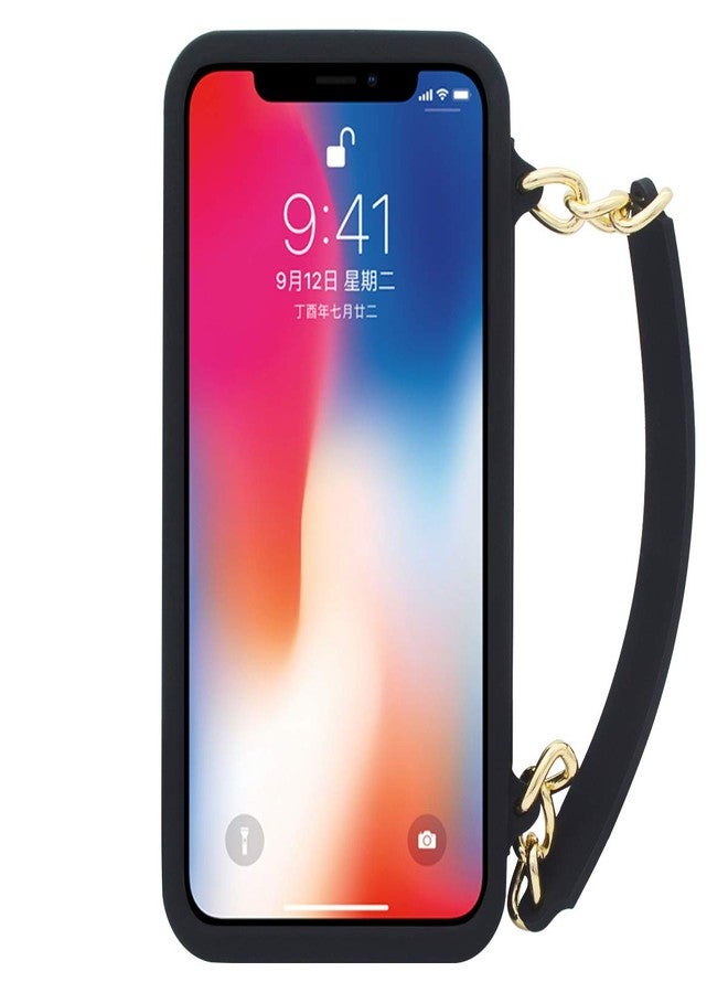 أوميو جراب حقيبة يد Omio لهاتف iPhone Xs Max مع حامل بطاقات وحزام معصم وغطاء محفظة من السيليكون الناعم للنساء والفتيات، فاخر وأنيق، سلسلة طويلة من اللؤلؤ، أسود - Image 2