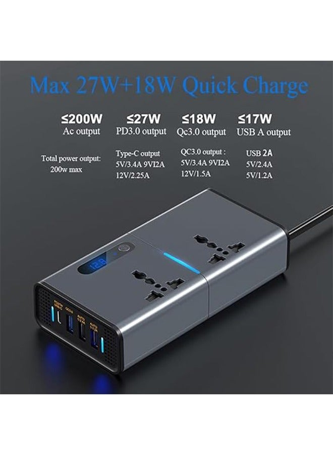 Topleo 200W Car Power Inverter DC 12V To 220V AC Car Inverter With 3 USB (2.4A + 1.2A + QC3.0 + Type-C) & 2 AC Outlets For Laptop Car Plug Adapter Car Power Inverter Car Charger Fast Charger LED Display Cigarette Lighter Connector, Perfect For Cars, SUVs & Trucks(Silver gray) - Image 3