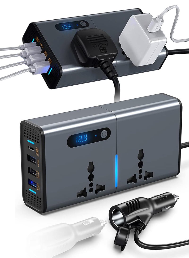 Topleo 200W Car Power Inverter DC 12V To 220V AC Car Inverter With 3 USB (2.4A + 1.2A + QC3.0 + Type-C) & 2 AC Outlets For Laptop Car Plug Adapter Car Power Inverter Car Charger Fast Charger LED Display Cigarette Lighter Connector, Perfect For Cars, SUVs & Trucks(Silver gray) - Image 1