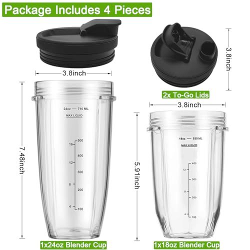 Kaluly Blender Cups Replacement for Ninja, 24oz & 18oz Smoothie Blender Cups with Lids Compatible with Ninja Auto-iQ BN401 BN751 BN800 BN801 BL450 BL456 BL480 BL481 BL482 BL642 BL682 SS101 SS151 SS351 SS401 - Image 4