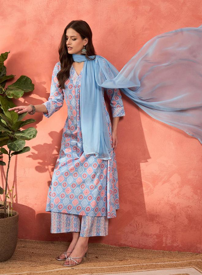 SASSAFRAS Blue Geometric Print V-Neck Kurta with Pencil Pants and Dupatta Set - Image 2