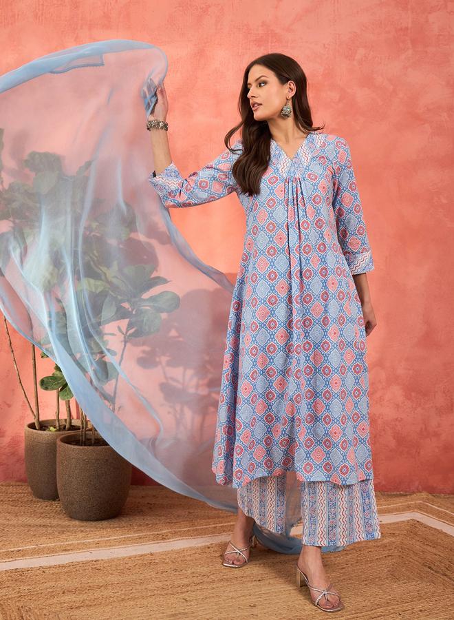 SASSAFRAS Blue Geometric Print V-Neck Kurta with Pencil Pants and Dupatta Set - Image 1