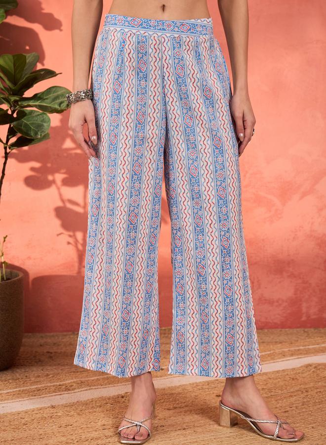 SASSAFRAS Blue Geometric Print V-Neck Kurta with Pencil Pants and Dupatta Set - Image 5