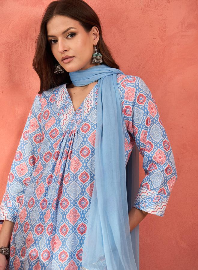 SASSAFRAS Blue Geometric Print V-Neck Kurta with Pencil Pants and Dupatta Set - Image 4
