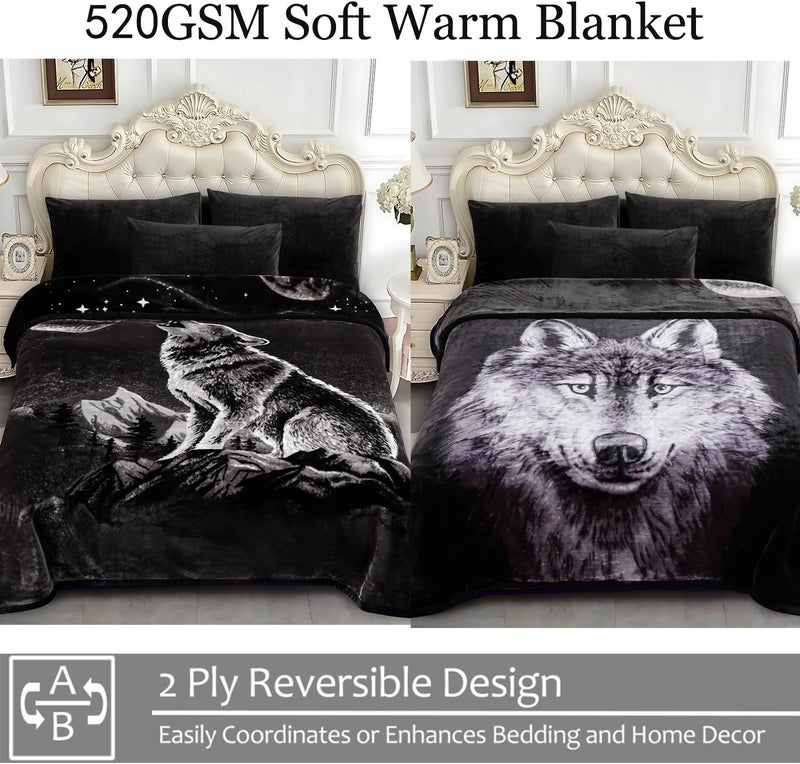 JYK Wolf Blanket Soft Mink Blanket, 5.7 LB Fleece King 83" X 91" Reversible 520GSM Super Soft Plush, Thick, Warm Moon Wolf - Image 3