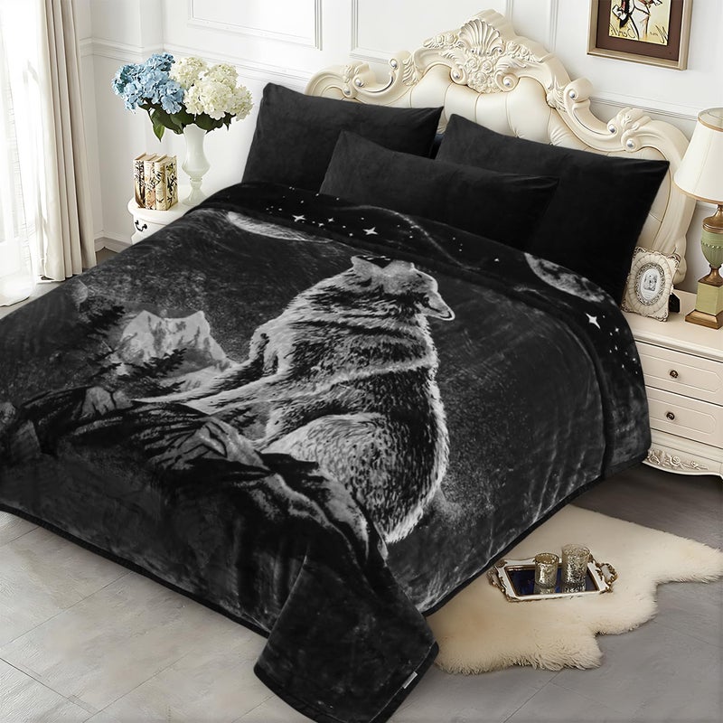 JYK Wolf Blanket Soft Mink Blanket, 5.7 LB Fleece King 83" X 91" Reversible 520GSM Super Soft Plush, Thick, Warm Moon Wolf - Image 1