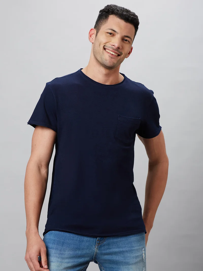 Globus Men Navy Blue Solid Cotton Round Neck Regular Fit T-shirt
