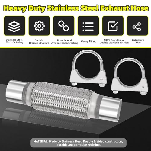 Mardatt 3Pcs Exhaust Flex Pipe Stainless Steel Exhaust Flex Pipe Double Braid Exhaust Flex Tube U-Bolt Clamp Stainless Steel Muffler U-Bolt Clamps for Cars Trucks Buses Pipes(2.5" x 8" x 12") - Image 4