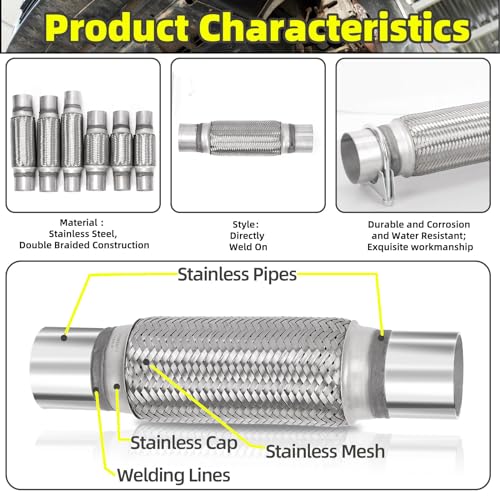 Mardatt 3Pcs Exhaust Flex Pipe Stainless Steel Exhaust Flex Pipe Double Braid Exhaust Flex Tube U-Bolt Clamp Stainless Steel Muffler U-Bolt Clamps for Cars Trucks Buses Pipes(2.5" x 8" x 12") - Image 5
