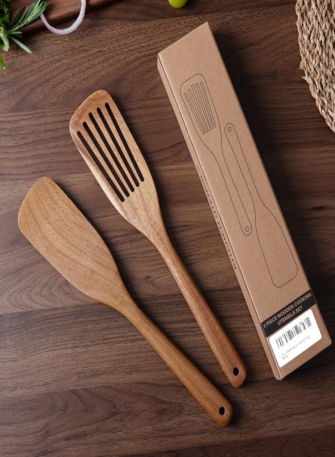 LEHAHA Wooden Spatulas & Spurtle Sets of 2, 13.25" Durable Flat Turner and Slotted Spatula for Nonstick Cookware, Long Handle Natural Acacia Wooden Cooking Utensils, Kitchen Utensils Set for Cooking - Image 2