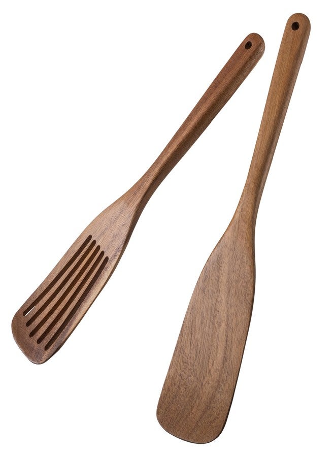 LEHAHA Wooden Spatulas & Spurtle Sets of 2, 13.25" Durable Flat Turner and Slotted Spatula for Nonstick Cookware, Long Handle Natural Acacia Wooden Cooking Utensils, Kitchen Utensils Set for Cooking - Image 1
