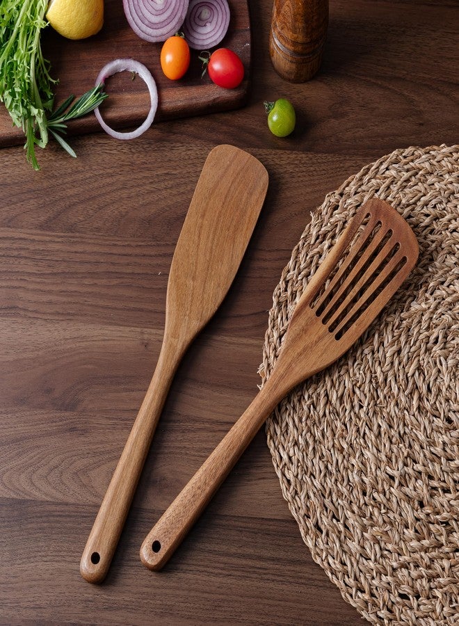 LEHAHA Wooden Spatulas & Spurtle Sets of 2, 13.25" Durable Flat Turner and Slotted Spatula for Nonstick Cookware, Long Handle Natural Acacia Wooden Cooking Utensils, Kitchen Utensils Set for Cooking - Image 4