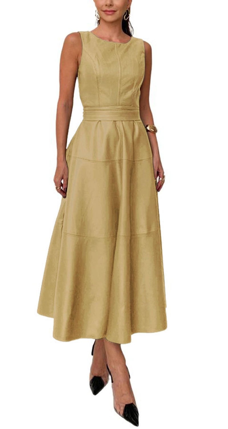 CHARTOU Women PU Faux Leather Sleeveless Elegant Flowy Long Dress Party Night Out Dress with Belt (Small, Gold) - Image 1
