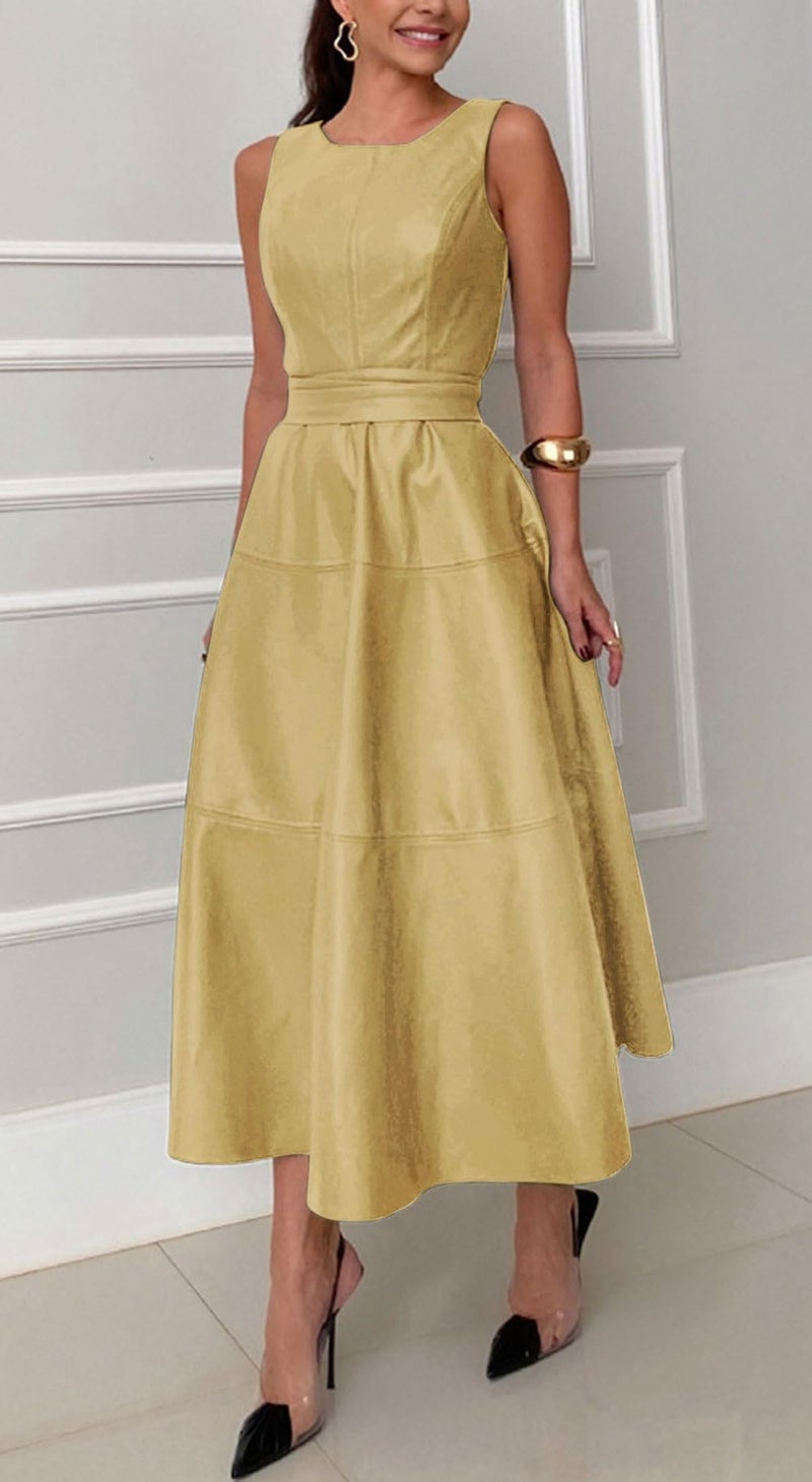 CHARTOU Women PU Faux Leather Sleeveless Elegant Flowy Long Dress Party Night Out Dress with Belt (Small, Gold) - Image 2