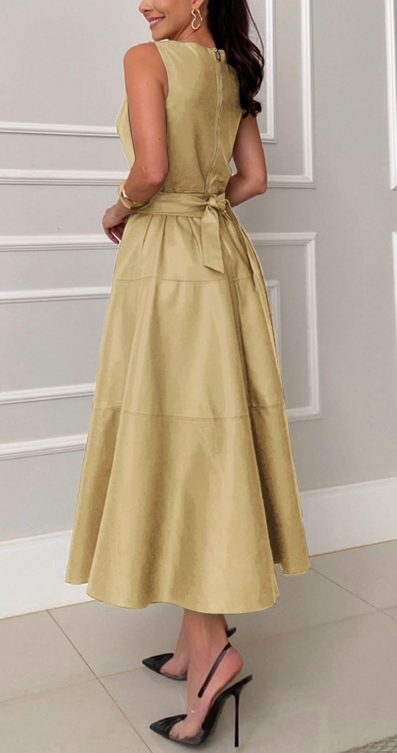 CHARTOU Women PU Faux Leather Sleeveless Elegant Flowy Long Dress Party Night Out Dress with Belt (Small, Gold) - Image 3