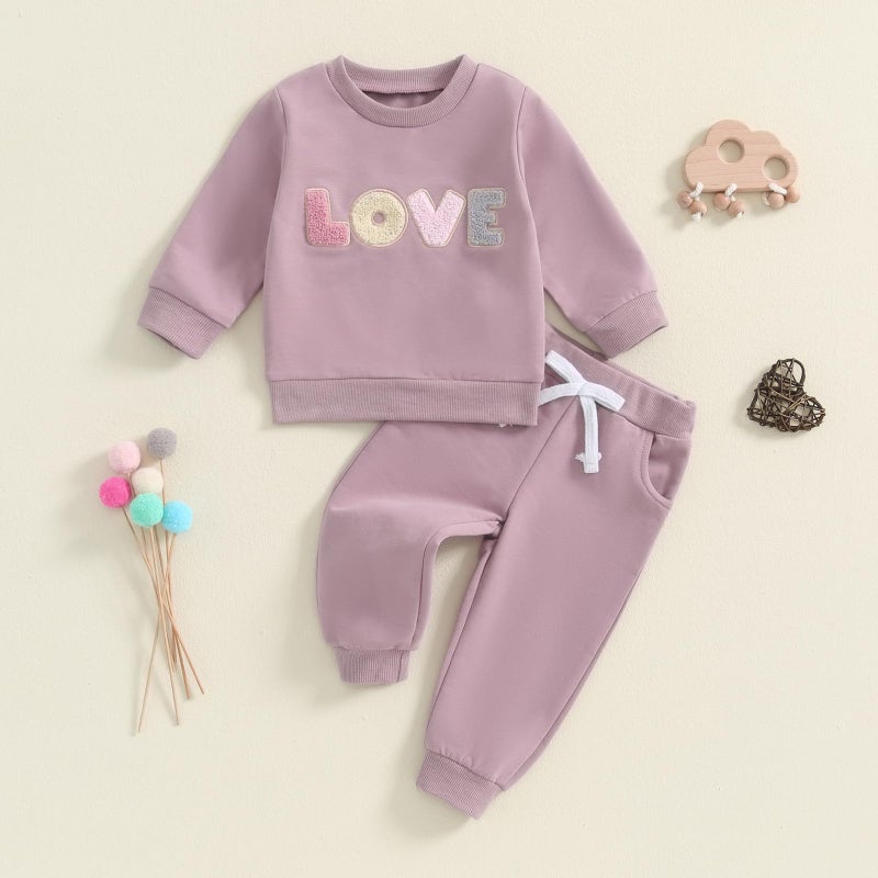 Socutebabe Baby Girl Clothes Newborn Infant Fall Winter Outfits Love Embroidery Long Sleeve Crewneck Sweatshirts Pants 0-24M (Purple, 12-18 Months) - Image 2