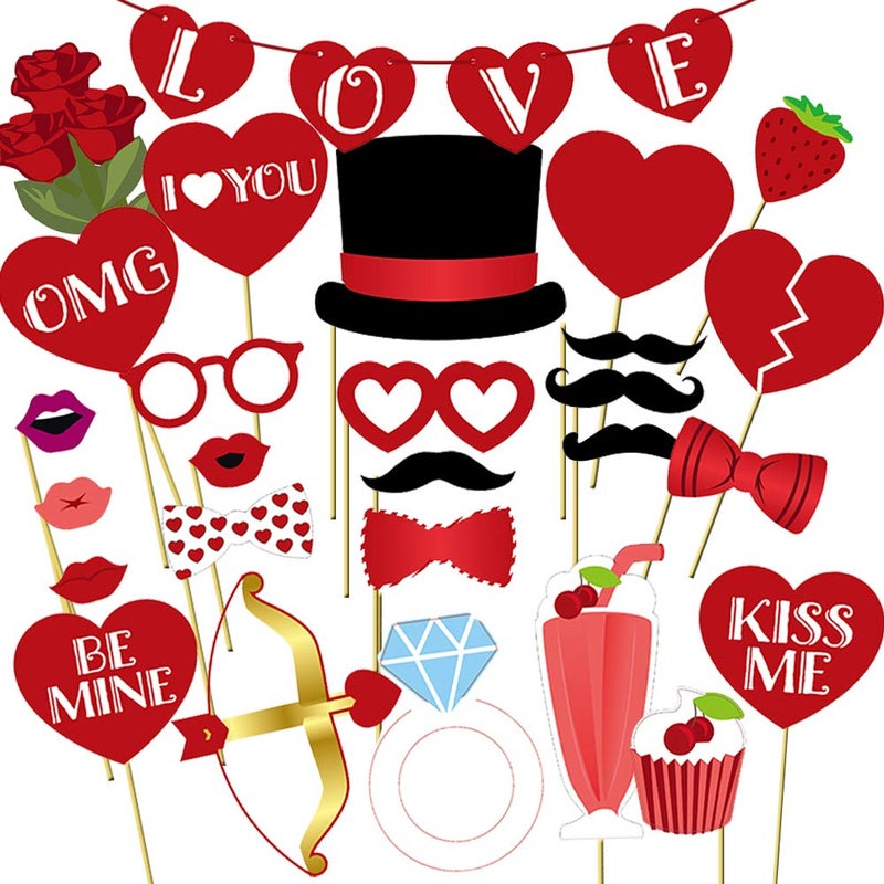 Valentines Day Photo Booth Props 35 PCS DIY Funny Disguise Props Valentines Day Decorations with Love Banner Valentines Party Supplies Wedding Photo Props