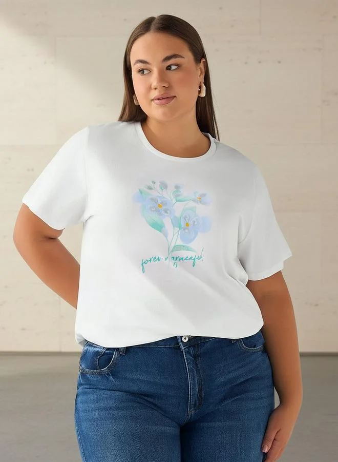 Ulla Popken Ulla Popken Regular Fit Cotton T-shirt with Floral Sequins