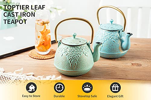 TOPTIER Japanese Teapot with Stainless Steel Infuser, Cast Iron Tea Kettle Stovetop Safe, Leaf Design Coated with Enameled Interior for 32 Ounce (950 ml), Light Green - Image 2
