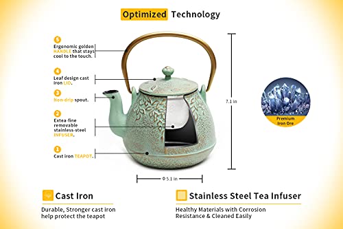 TOPTIER Japanese Teapot with Stainless Steel Infuser, Cast Iron Tea Kettle Stovetop Safe, Leaf Design Coated with Enameled Interior for 32 Ounce (950 ml), Light Green - Image 3