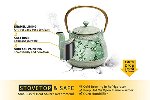 TOPTIER Japanese Teapot with Stainless Steel Infuser, Cast Iron Tea Kettle Stovetop Safe, Leaf Design Coated with Enameled Interior for 32 Ounce (950 ml), Light Green - Image 5