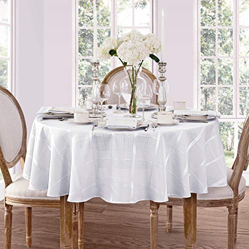 Newbridge 90 Inch Round Fabric Tablecloth Elegance Plaid 100 Polyester No Iron Soil Resistant Dining Room Party and Banquet Table Cover Solid Textured White