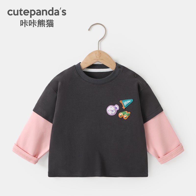 Kaka Panda Baby Two-In-One Long-Sleeve T-Shirt for Children,Spring Outfit,Boys and Girls Base Shirt,Baby Top