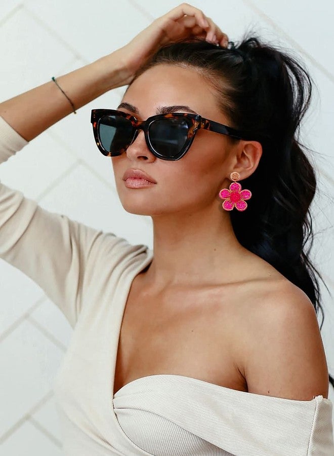 مولوك أقراط متدلية مزينة بالخرز، أقراط زهور ملونة مزينة بالخرز، أقراط متدلية مصنوعة يدوياً على الطراز البوهيمي الاستوائي للنساء (لون أحمر وردي) - Image 4