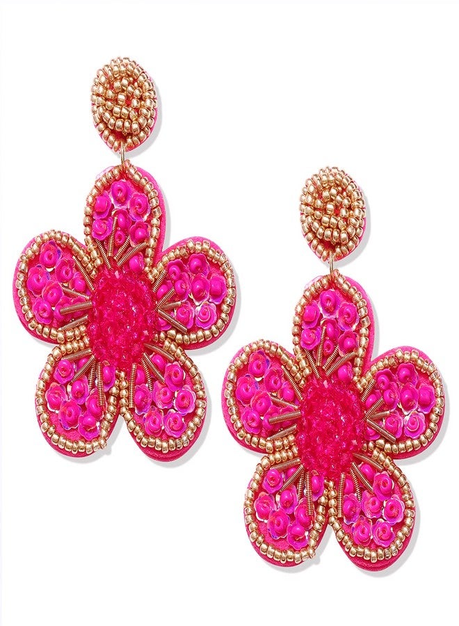 مولوك أقراط متدلية مزينة بالخرز، أقراط زهور ملونة مزينة بالخرز، أقراط متدلية مصنوعة يدوياً على الطراز البوهيمي الاستوائي للنساء (لون أحمر وردي) - Image 1