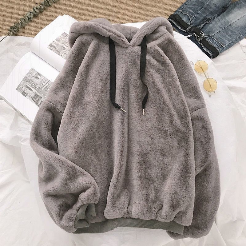 fleece-lined Thickened Winter Hooded Sweatshirt Mens Ins Fashionable Loose Couples Warm Plush Jacket Lazy Style Top Gray oneplus velvet thickened [warm and comfortable]