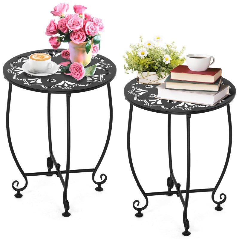 DARCKLE 2 Pack 14Inch Outdoor Side Tables for Patio, Weather Resistant Steel Patio Side Table, Small Round Outdoor End Table Metal Side Table for Patio Yard Balcony Garden Black (Flowers) - Image 1