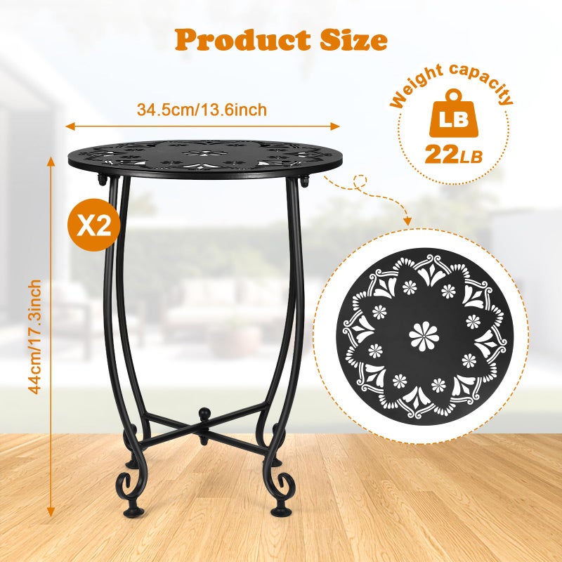 DARCKLE 2 Pack 14Inch Outdoor Side Tables for Patio, Weather Resistant Steel Patio Side Table, Small Round Outdoor End Table Metal Side Table for Patio Yard Balcony Garden Black (Flowers) - Image 4