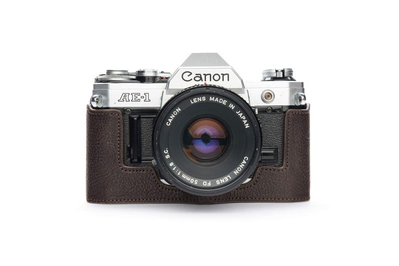 BolinUS A-1 Case, BolinUS Handmade Genuine Real Leather Half Camera Case Bag Cover for Canon AE-1 A-1 (NO Handle) Camera with Hand Strap (Coffee) - Image 1
