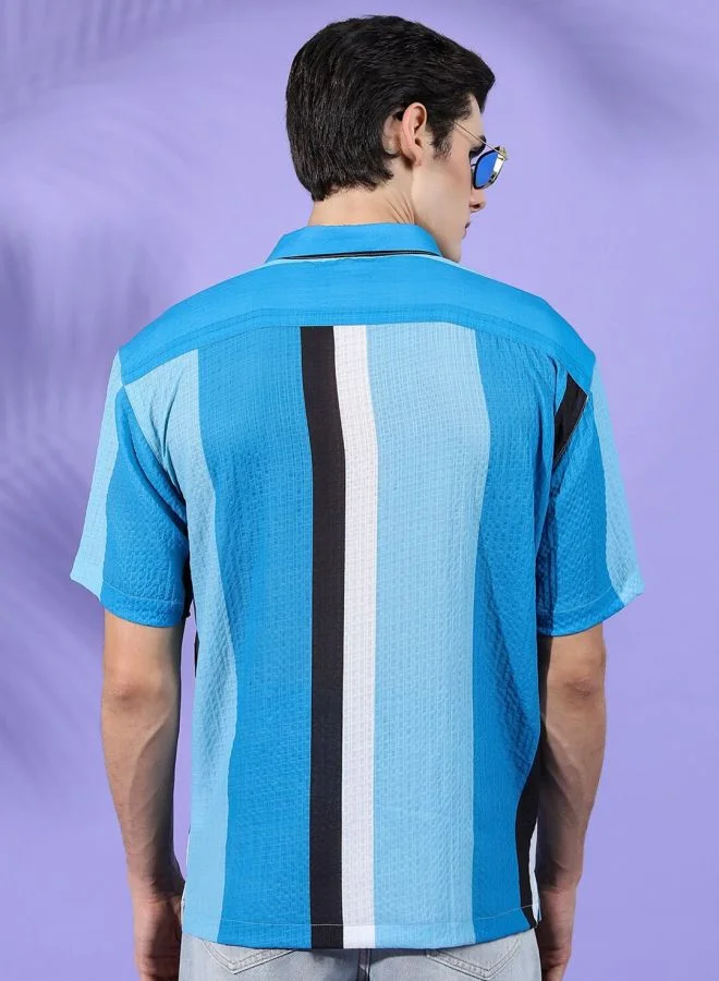 شركة المرآب الهندية Men Relaxed Fit Striped Half Sleeves Cuban Collar Resort Wear Shirt
