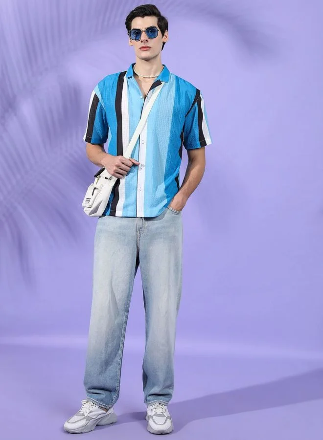 شركة المرآب الهندية Men Relaxed Fit Striped Half Sleeves Cuban Collar Resort Wear Shirt