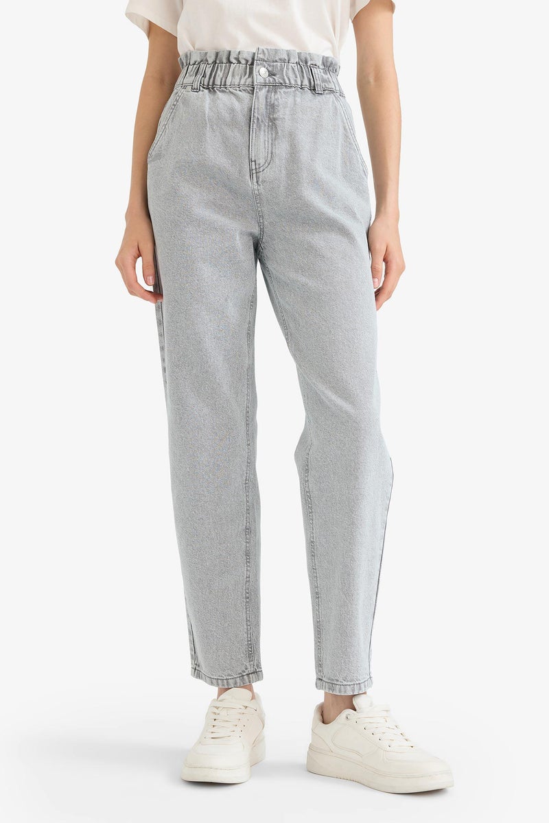 DeFacto Grey Woman Paperbag Fit Regular Hem Jean Trousers Casual - Image 4