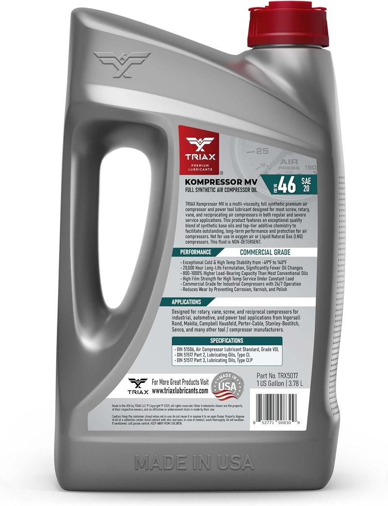 TRIAX Kompressor MV 46 SAE 20, Full Synthetic, Multi-Vis Air Compressor Oil | for Rotary, Vane, Screw, and Reciprocal | Commercial Grade | High Temp | Non-Detergent (1 Gallon) - Image 2