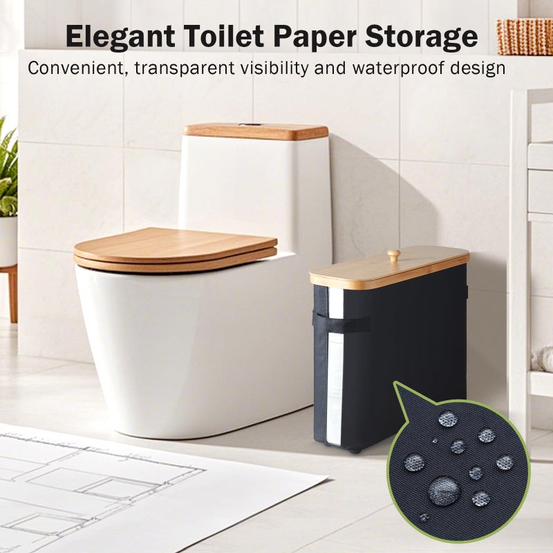 VVTHIP Bathroom Toilet Paper Storage Basket with Lid and Handleï¼Œ Bamboo Collapsible Toilet Paper Holder Storage with Non-Slip Bottom ,Extra Toilet Roll Storage, Black - Image 2