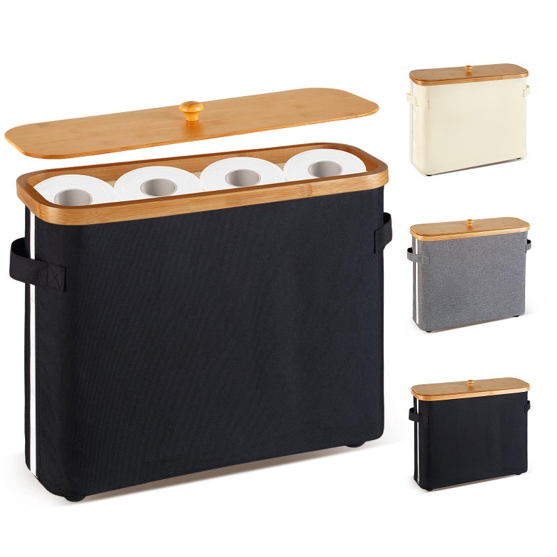 VVTHIP Bathroom Toilet Paper Storage Basket with Lid and Handleï¼Œ Bamboo Collapsible Toilet Paper Holder Storage with Non-Slip Bottom ,Extra Toilet Roll Storage, Black - Image 1