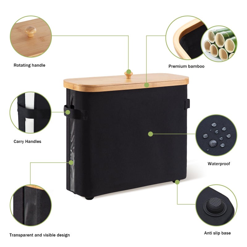 VVTHIP Bathroom Toilet Paper Storage Basket with Lid and Handleï¼Œ Bamboo Collapsible Toilet Paper Holder Storage with Non-Slip Bottom ,Extra Toilet Roll Storage, Black - Image 4