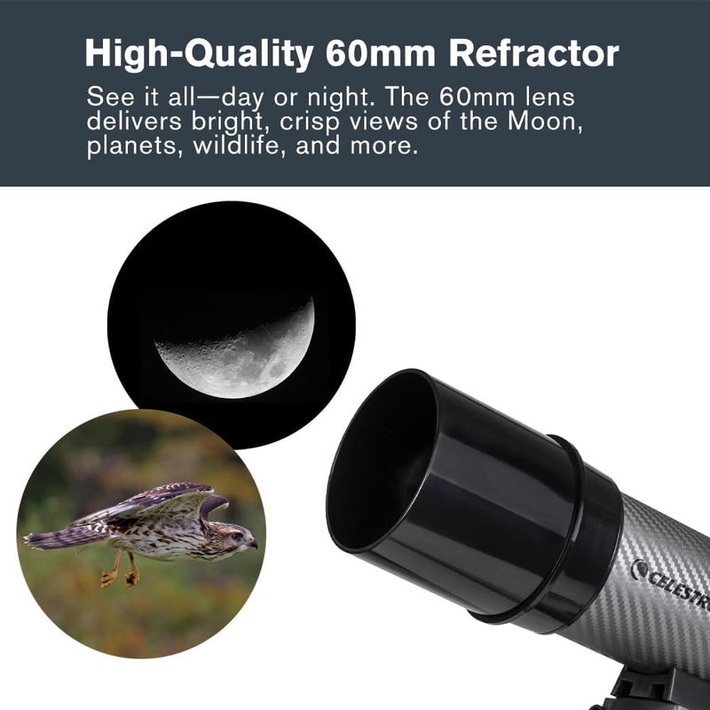 سلسترون تلسكوب سيليسترون (Celestron) – بطول عدسة 60 مم، مثالي للمبتدئين، يتمتع بعدسات زجاجية مطلية بشكل كامل، يأتي مع حزمة برمجيات فلكية إضافية ومحول للهواتف الذكية لاستخدامها في التصوير الفلكي - Image 5