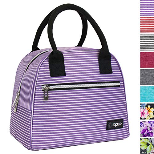 opux Lunch Box for Women Insulated Lunch Bag Tote for Girls Kids Teen Adult Cute Soft Cooler Container Work School Reusable Thermal Food Meal Prep Organizer Pail Travel Beach Purple Stripes